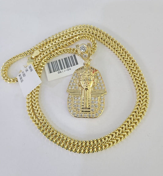 10K Franco Chain Pharaoh Pendant Charm Necklace 20"-26" 3mm Gold Yellow SET