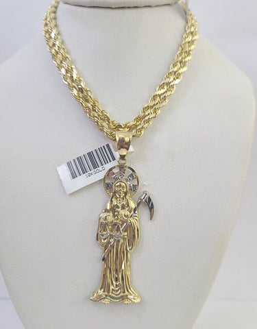 10k Solid Rope Chain Saint Reaper Charm Set 4mm 18"-30" Necklace Gold Pendant