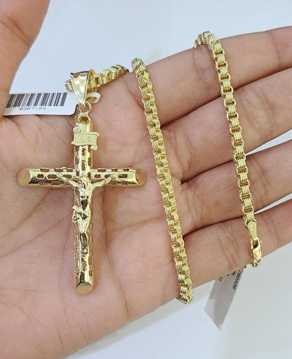 10k Gold Byzantine Necklace INRI Jesus Cross Charm 18-26 inches 3mm SET Chain