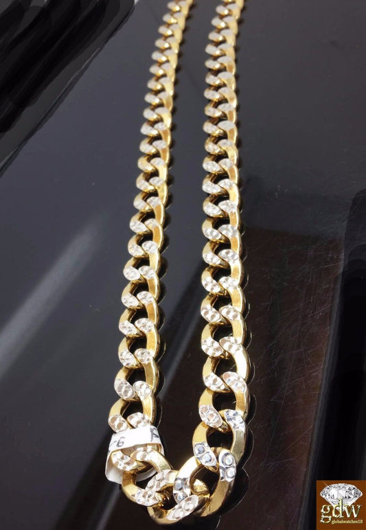 Real 10k Gold Cuban Curb Link Chain 10mm 24 Inch Two-tone Diamond Cut Necklace