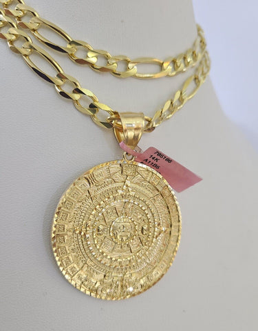 14k Figaro Chain Mayan Calendar Charm Pendant Gold 7mm 20-30 inch SET Necklace