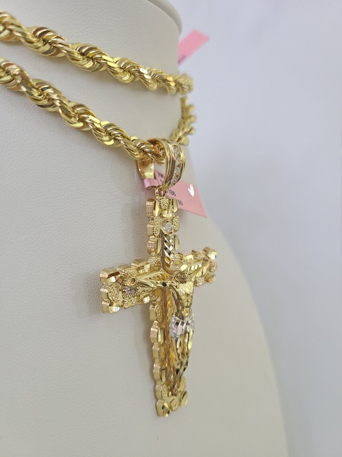 Jesus Rope Silver Chain Real 14k Solid Rope Chain Jesus Cross Charm Set 6mm 18