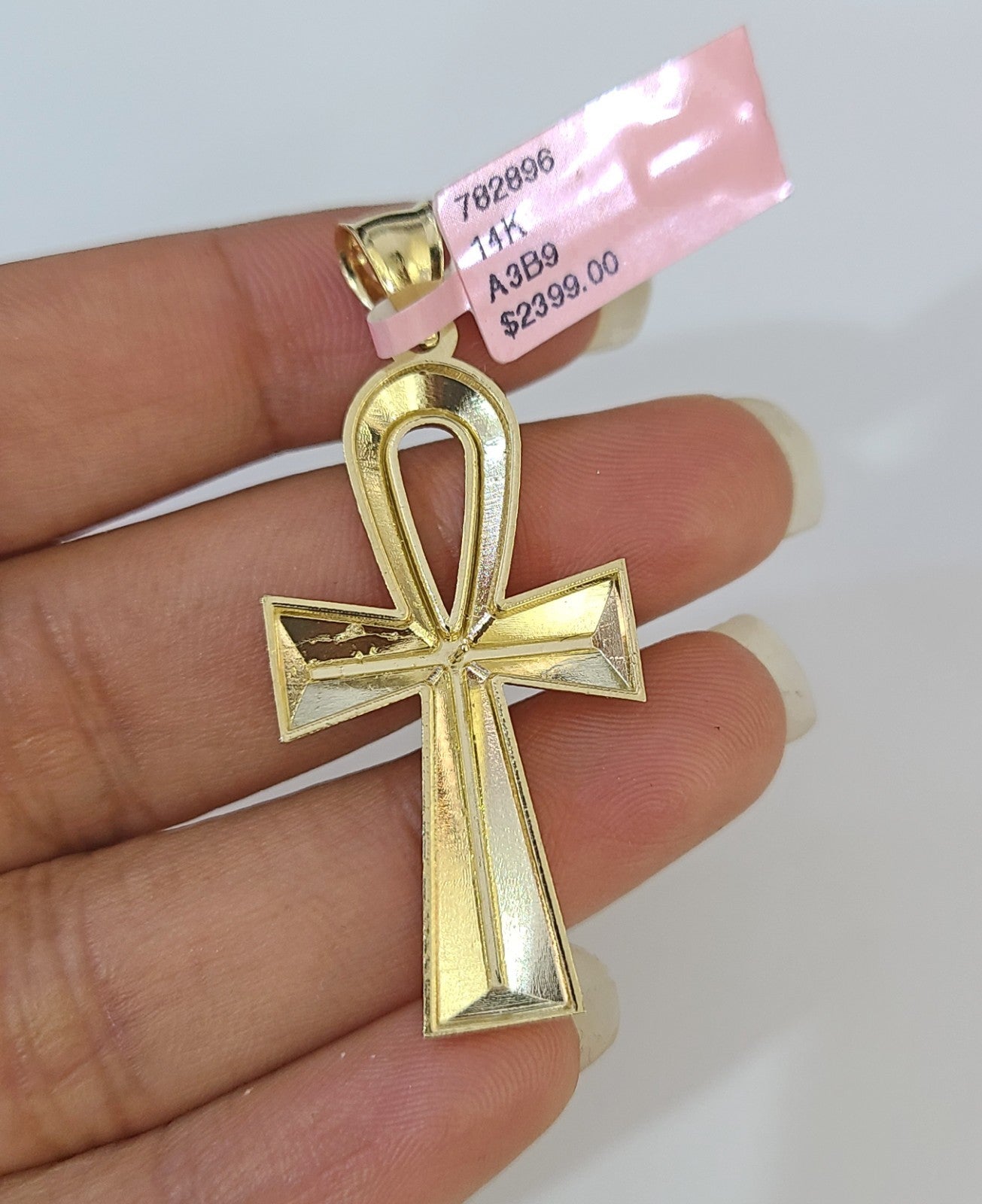 14k Solid Figaro Chain Ankh Jesus Cross Pendant Gold 5mm 18-28 inch SET Necklace