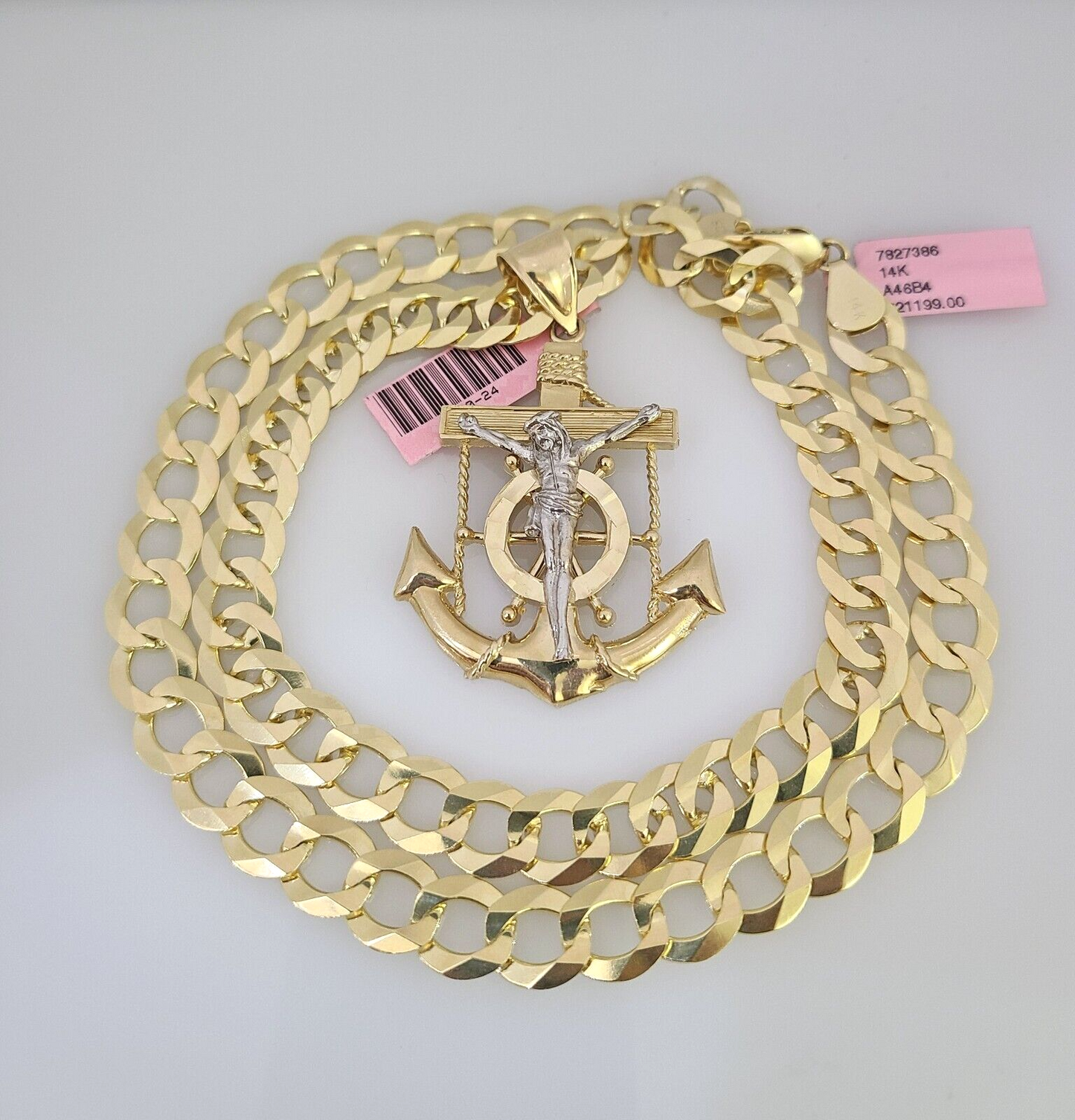 14k Gold Chain Jesus Anchor Charm Solid Cuban Curb 10mm 20"-30" SET Necklace