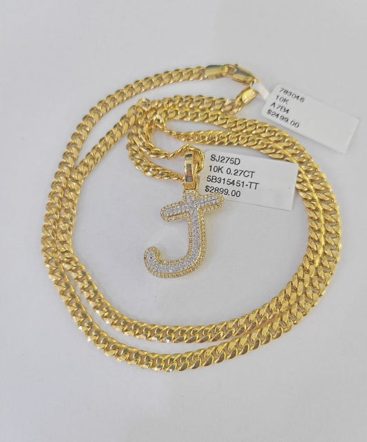 10k Miami Cuban Chain J Diamond Charm Set 4mm 18-26"Yellow Gold Necklace Pendant