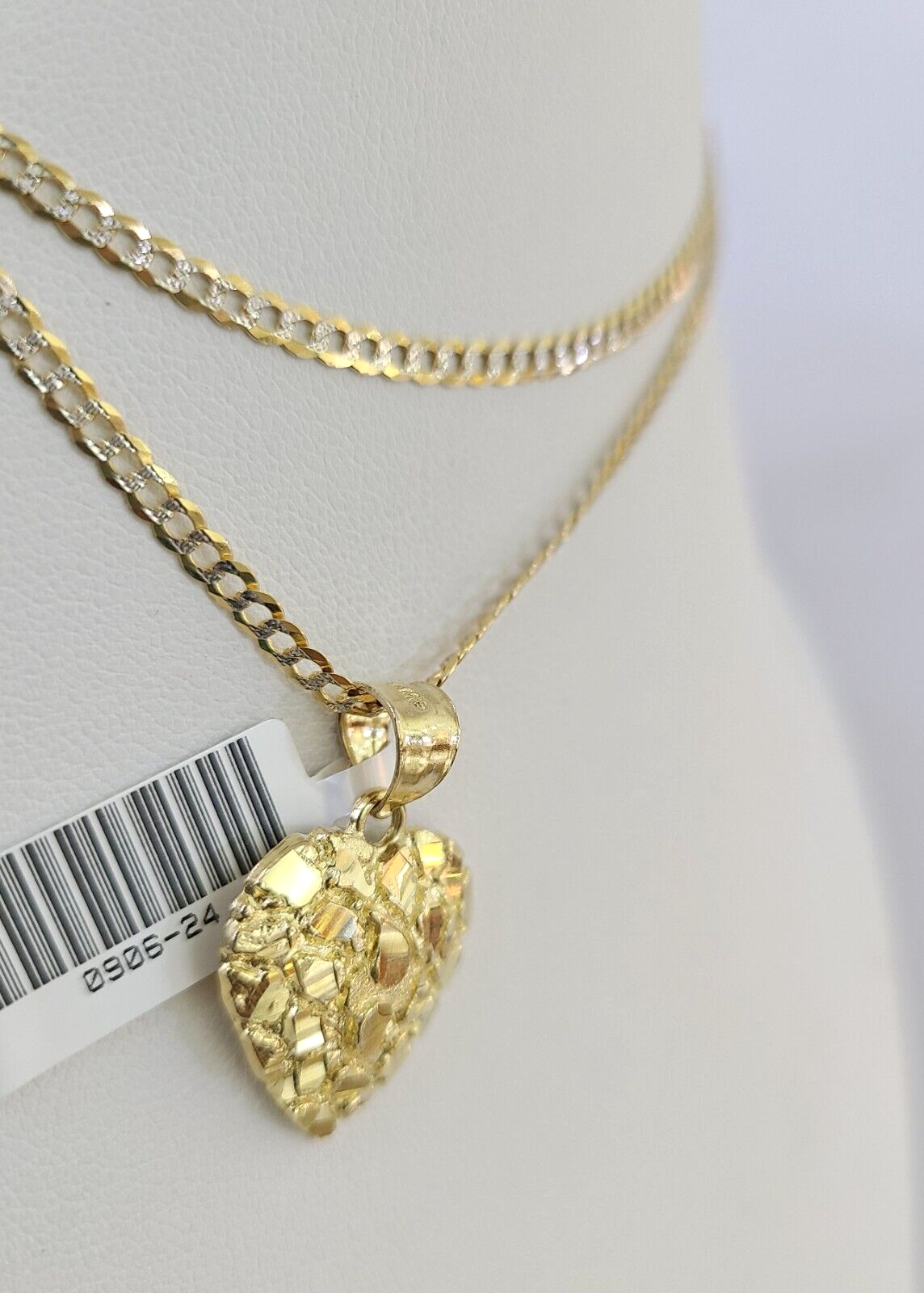 10k Solid Gold Cuban Curb Chain Hearts Pendant 2mm 18"-24" SET Necklace