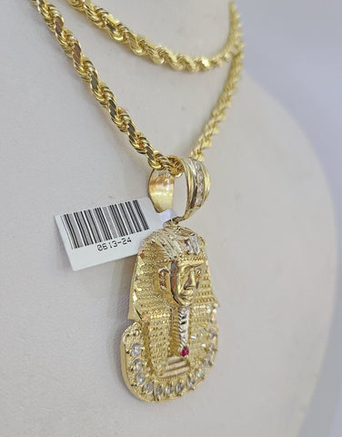 10k Solid Rope Chain Pharaoh Charm Set 4mm 18"-28" Necklace Yellow Gold Pendant