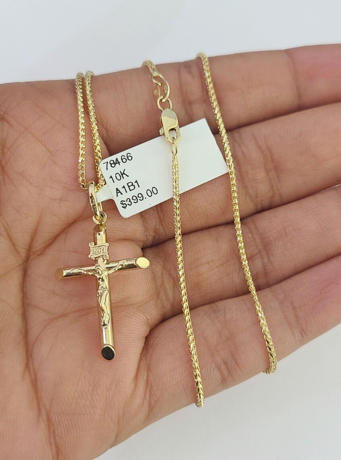 10K Solid Franco Chain Jesus Cross Pendant Charm Necklace 16"-24" 1mm Ladies