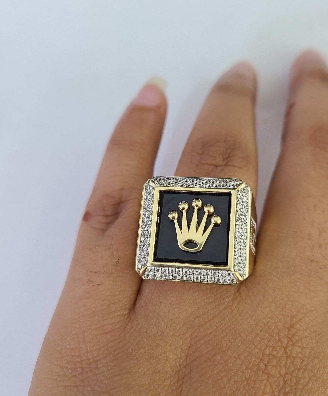 Real 10k Ring Crown Fancy Black Design Yellow Gold Men Casual 10kt