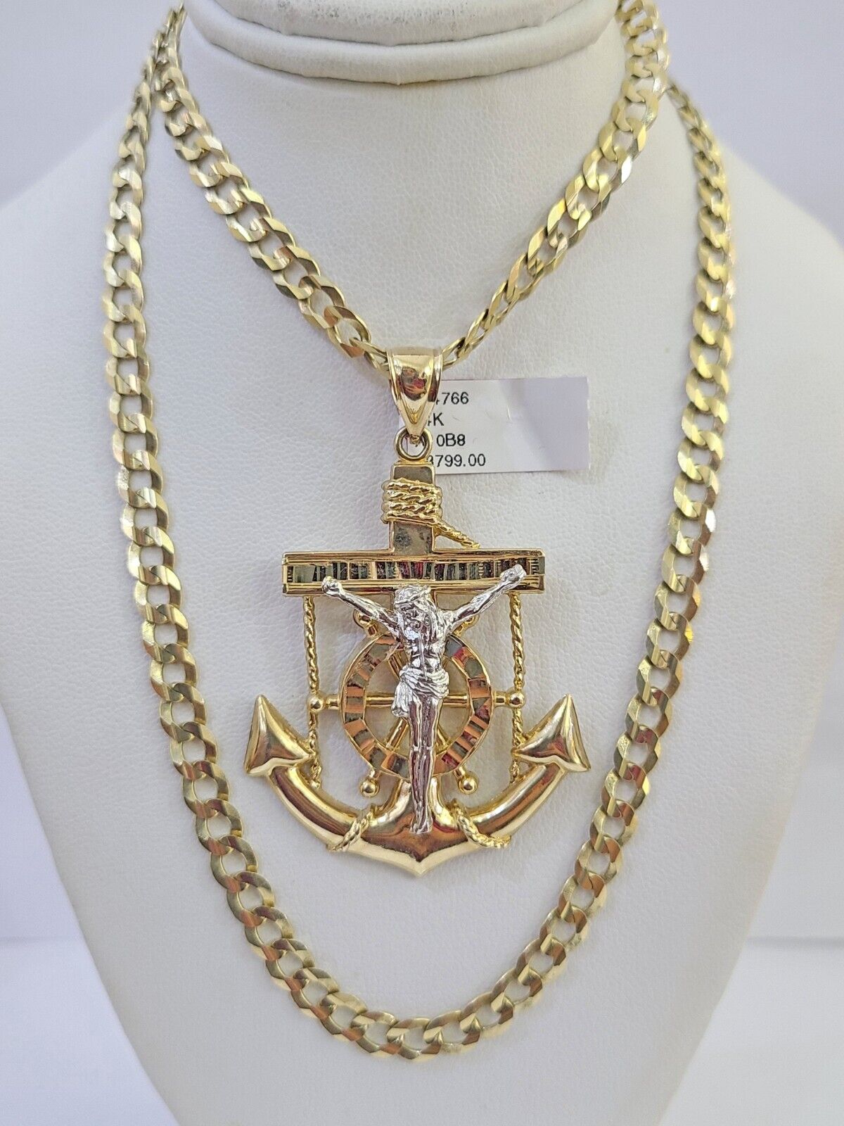 14k Gold Chain Jesus Anchor Charm Solid Cuban Curb 5mm 20"-26" Inch SET Necklace