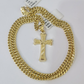 10k Gold Chain Miami Cuban Jesus Cross Charm Pendant Set 4mm 18"-28" Necklace
