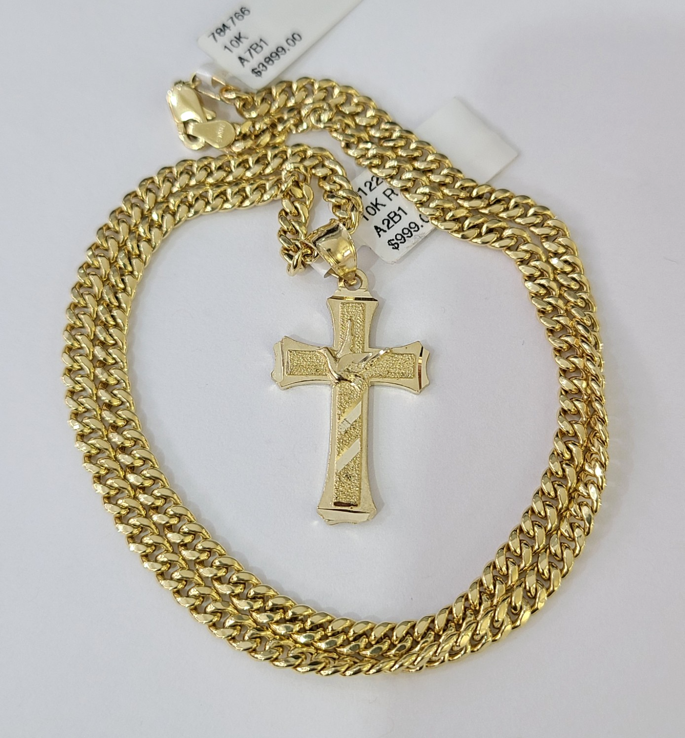 10k Gold Chain Miami Cuban Jesus Cross Charm Pendant Set 4mm 18"-28" Necklace