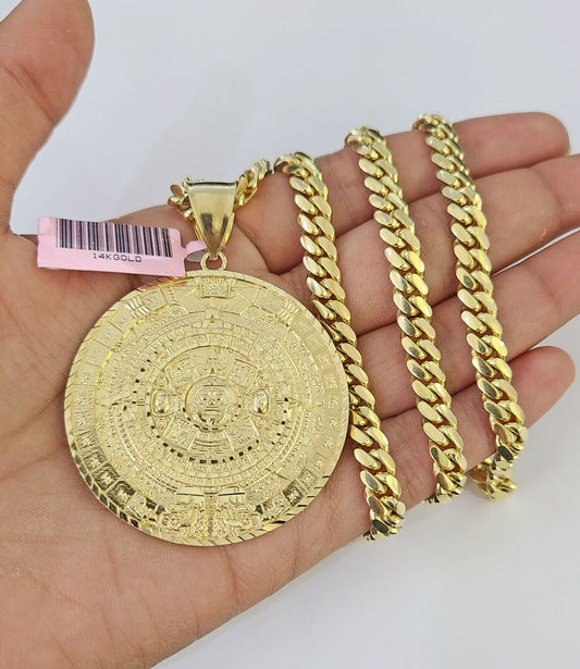 Real 14k Solid Chain Mayan Calendar Charm Set Miami Cuban 6mm Necklace Gold