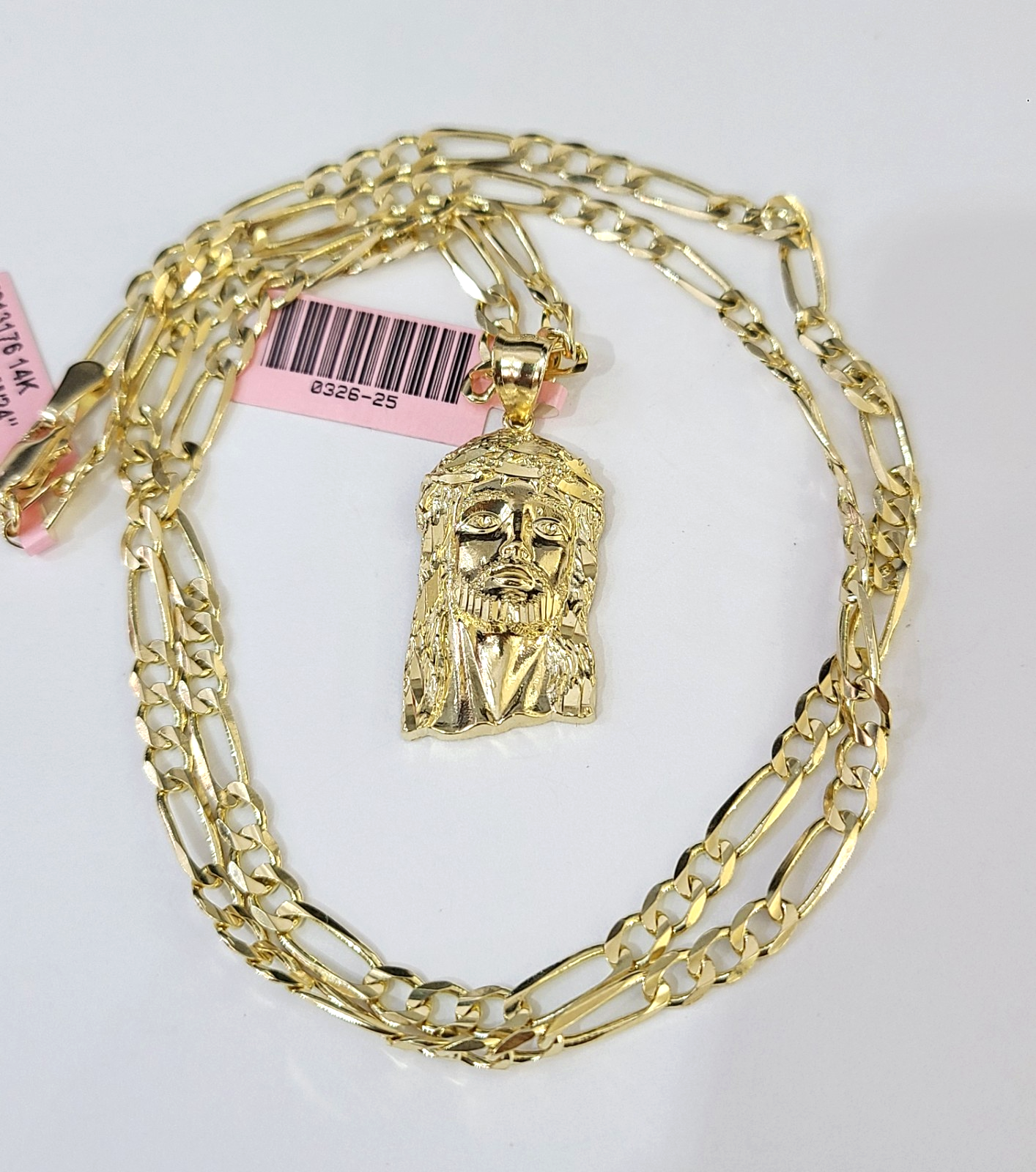 14k Solid Figaro Chain Jesus Head Pendant Gold 4mm 18-28 inch SET Necklace