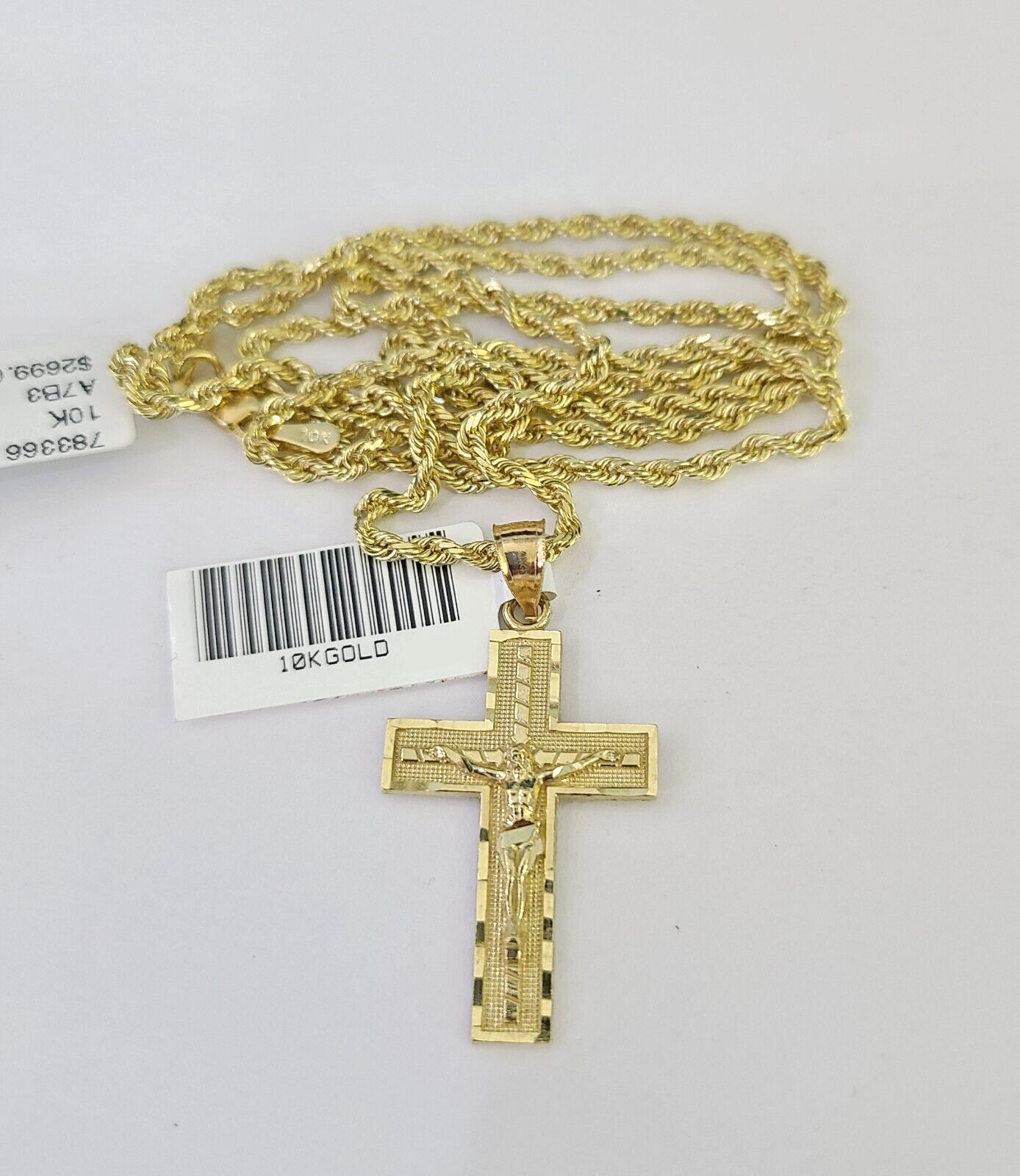 10k Solid Rope Chain 2mm Jesus Crucifix Cross Pendant Charm Necklace SET 18-24"