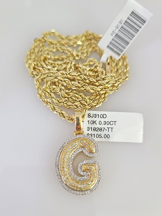 10k Solid Rope Chain G Initial Pendant Diamond Necklace 20"-28" Gold Set 3mm