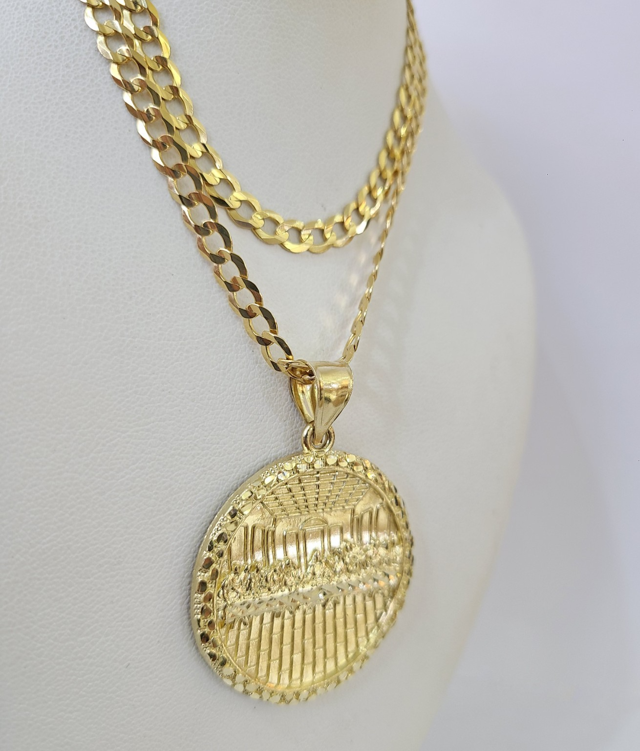 10k Gold Chain Last Supper Nugget Pendant Cuban Curb Link 5mm 18"-28" Inch SET