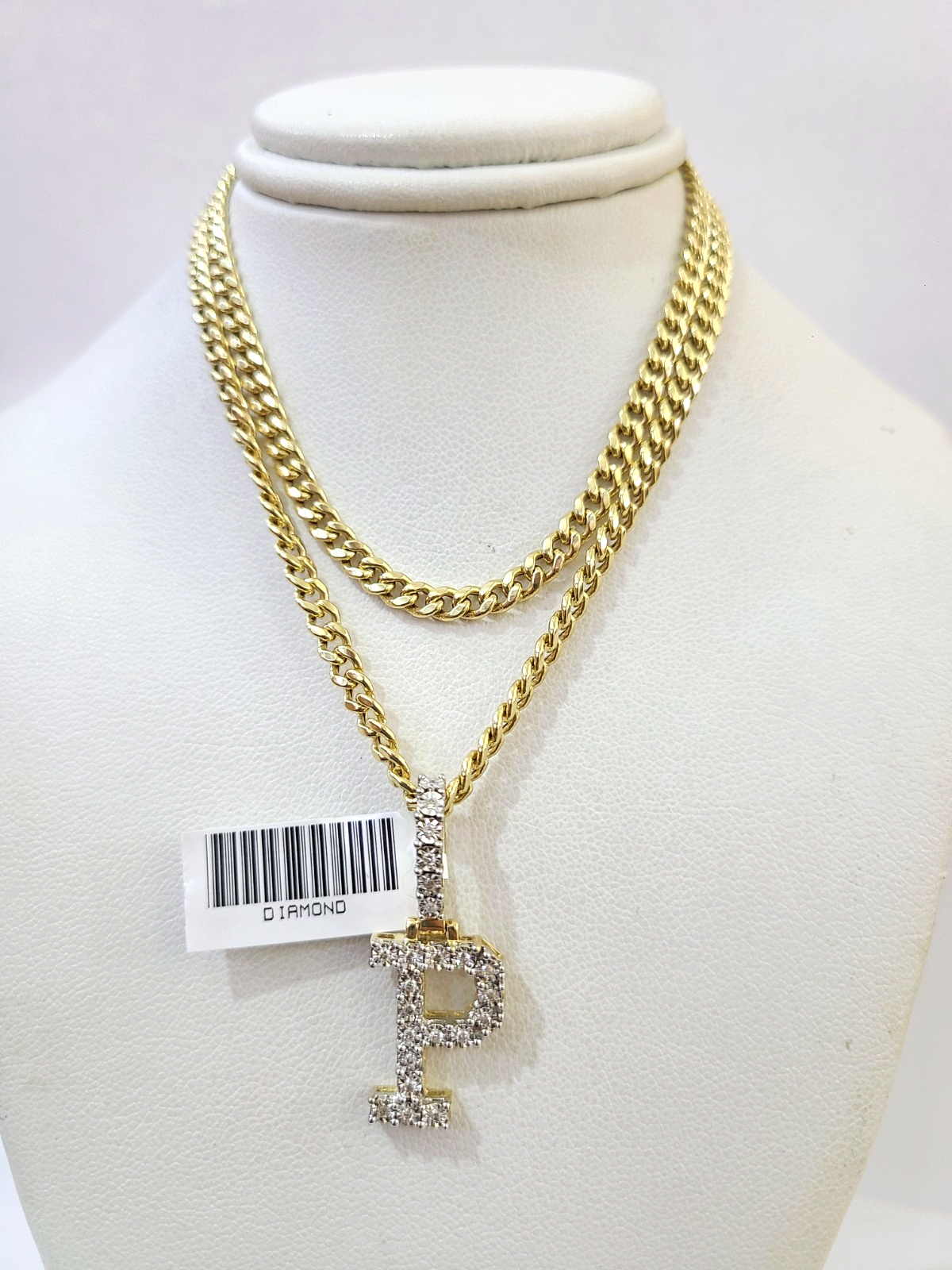10K Gold Miami Cuban Chain P Diamond Initial 18"-24" 2mm Pendant Necklace SET