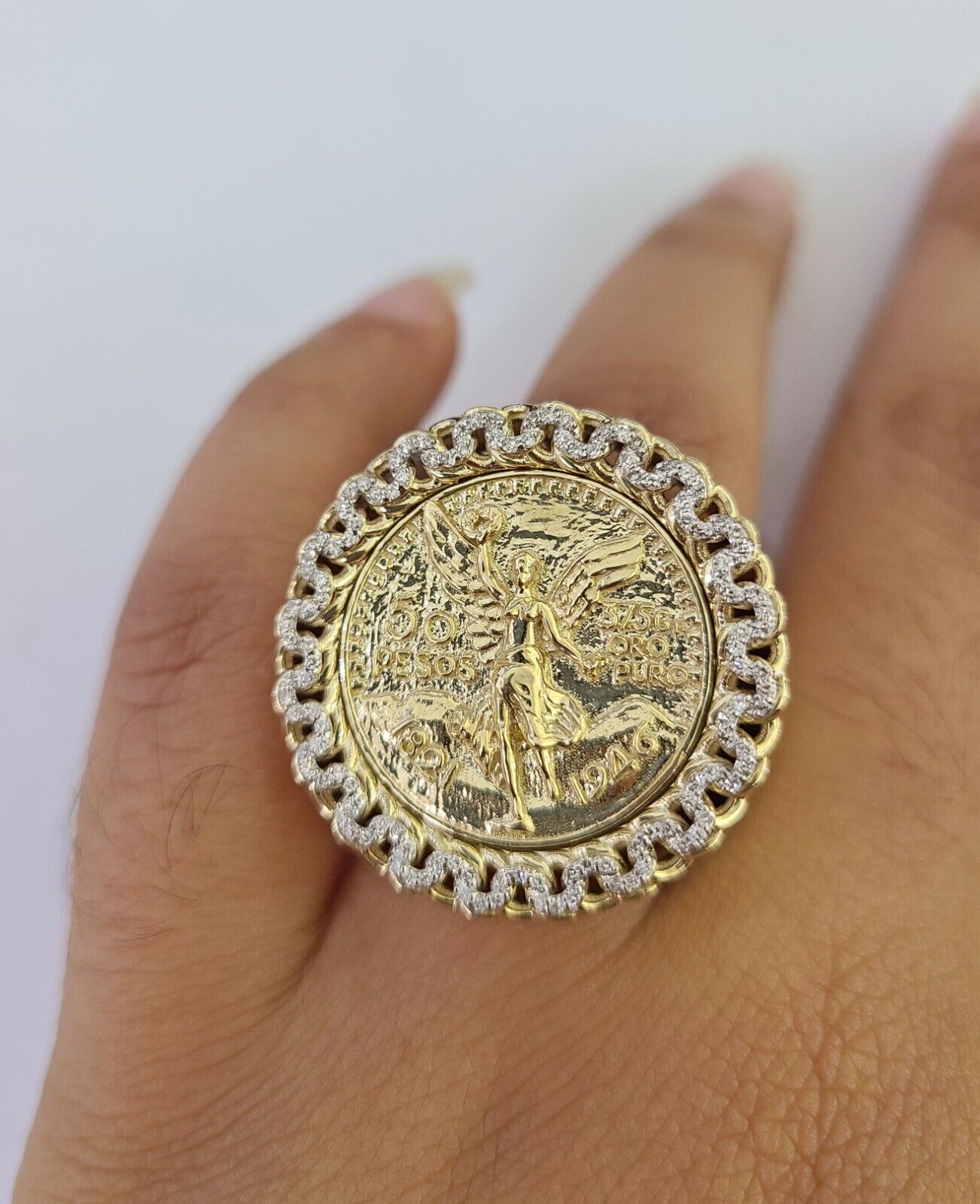 10k Diamond 50 Pesos Ring 1947 Mexico Mexican Mens Yellow Gold