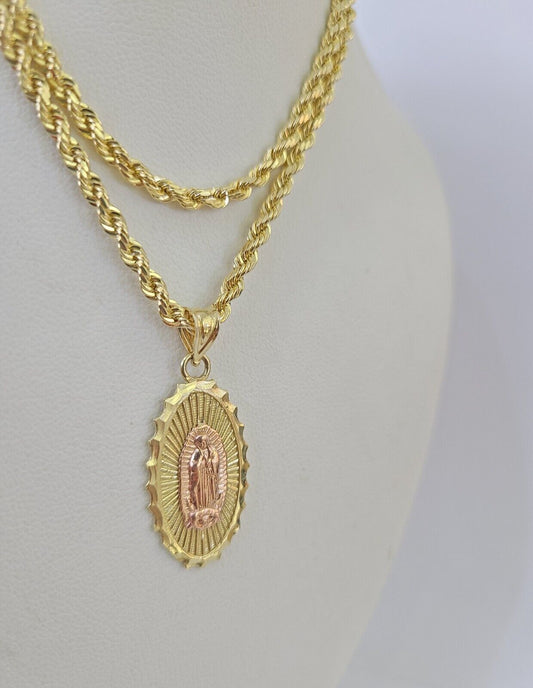 10k 3mm Rope Chain Virgin Mary Pendant 18"-30" Yellow Gold Set Charm Necklace