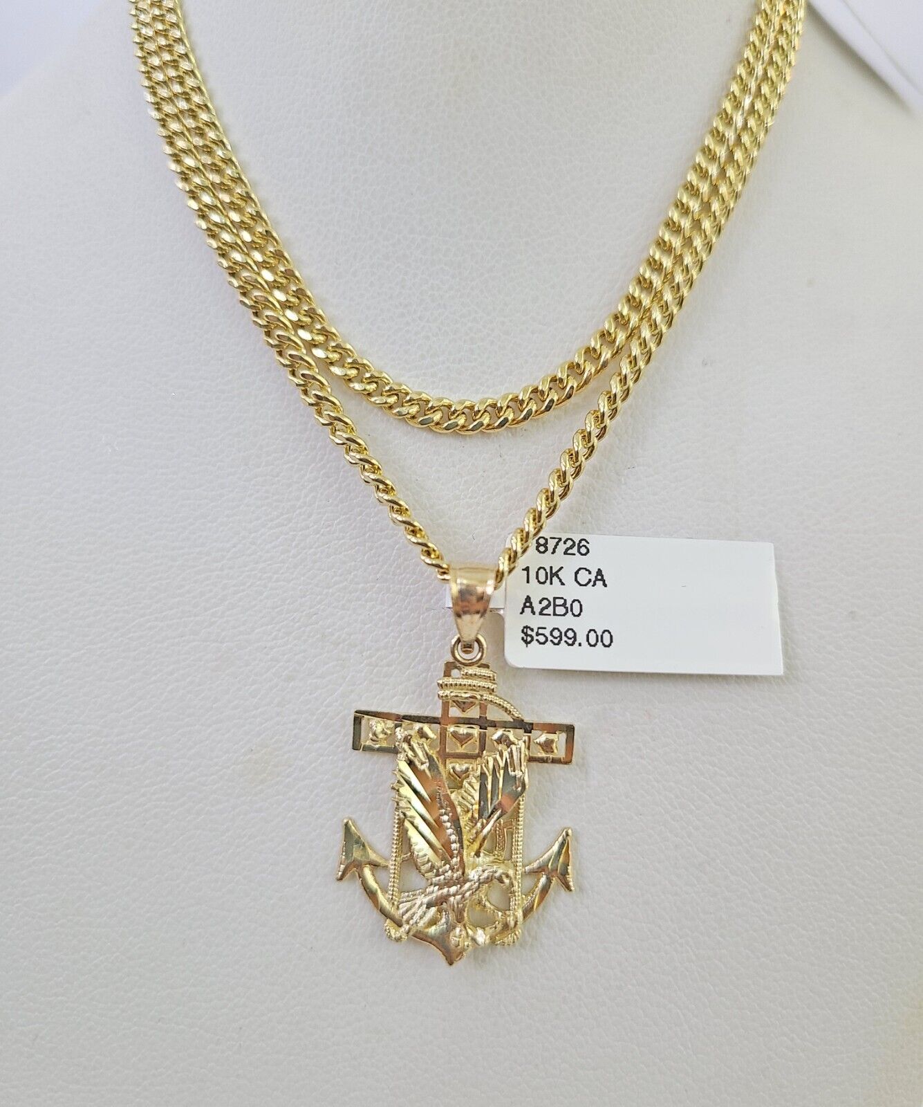 10K Gold Miami Cuban Chain Eagle Anchor Charm 18"-28" 3mm REAL Pendant Necklace