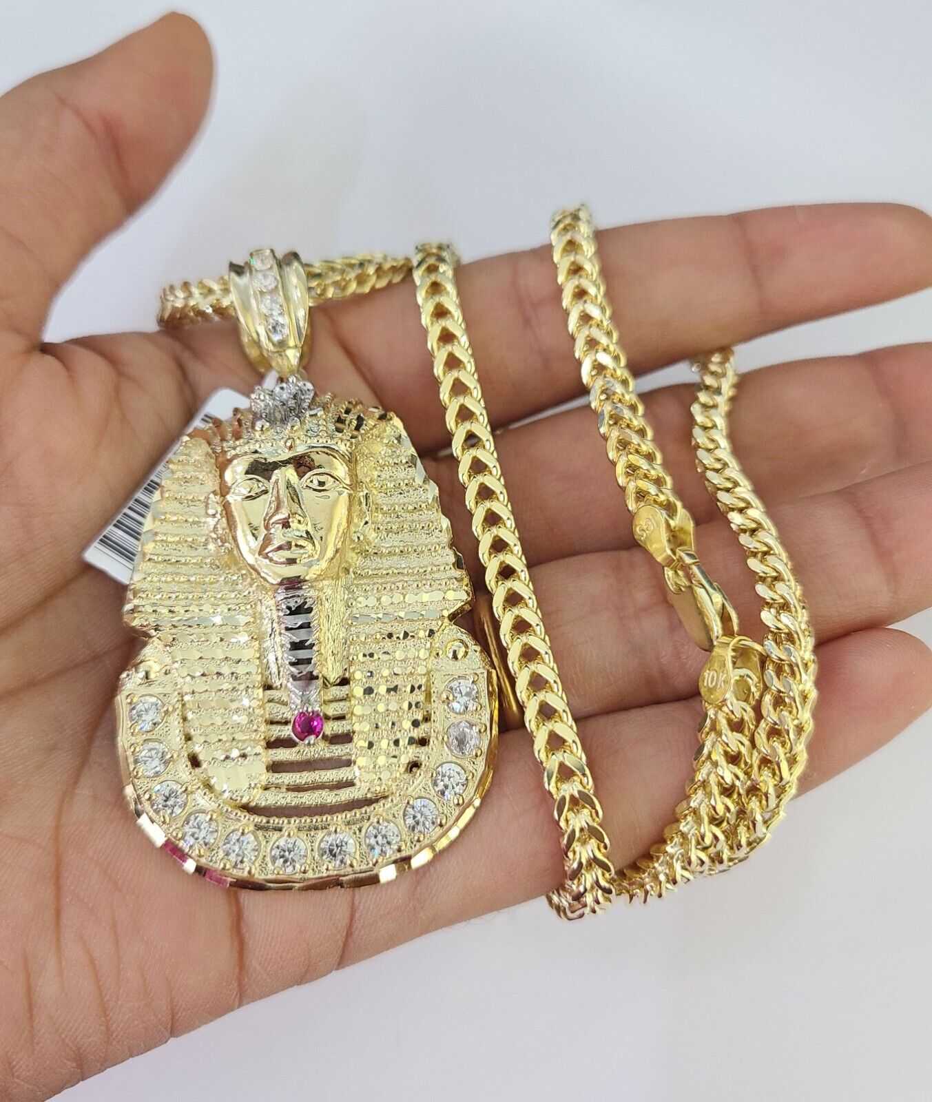 10K Franco Chain Pharaoh Pendant Charm Necklace 20"-28" 4mm Yellow Gold SET