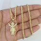 10k 3mm Rope Chain Jesus Full Body Pendant 18"-30" Gold Set Charm Necklace