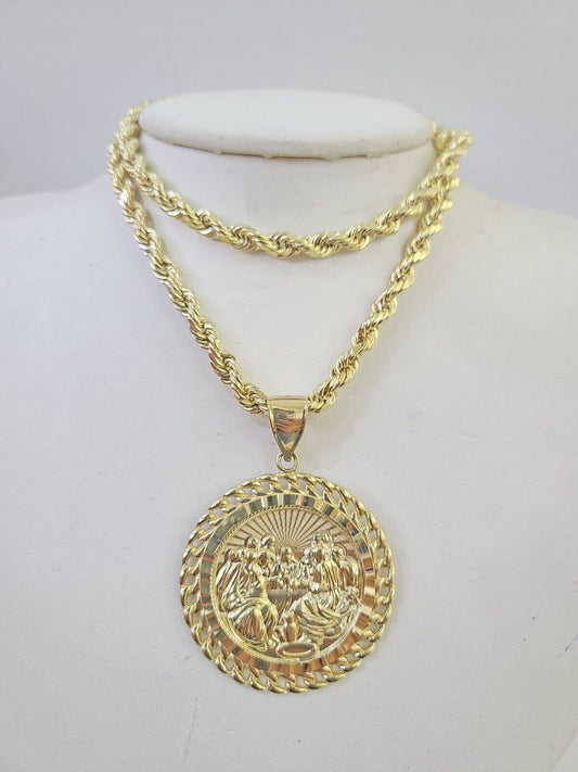 Real 10k Rope Chain Last Supper Charm Set 7mm 18"-26" Inch Necklace Yellow Gold