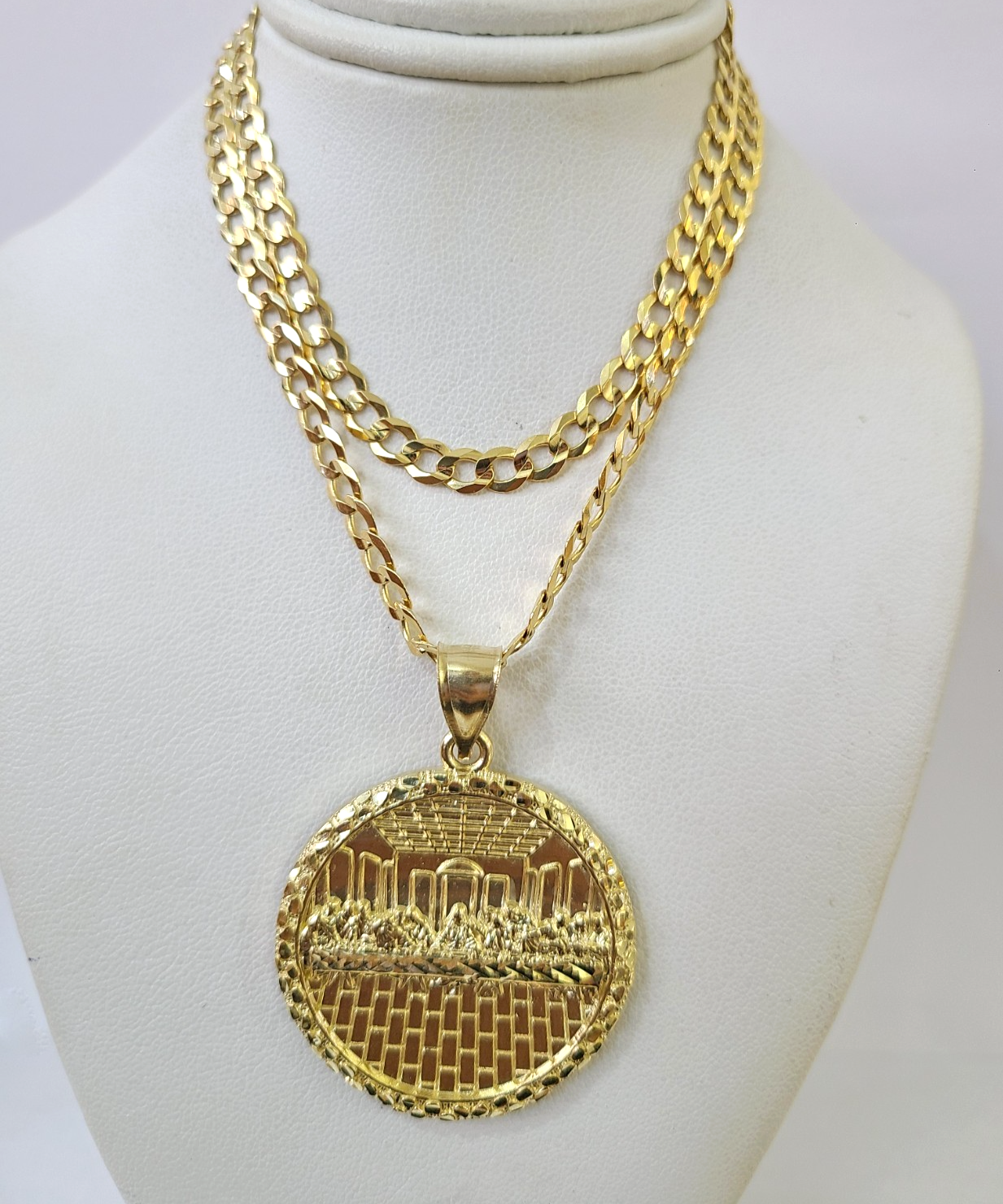 10k Gold Chain Last Supper Nugget Pendant Cuban Curb Link 5mm 18"-28" Inch SET
