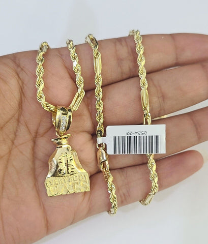 10k Milano Rope Chain Money Bag Charm Necklace SET 3mm 18" 20" 22" 24"