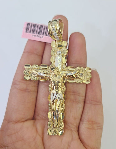 14k Jesus Christ Nugget Cross Charm Pendant Yellow Gold REAL Genuine