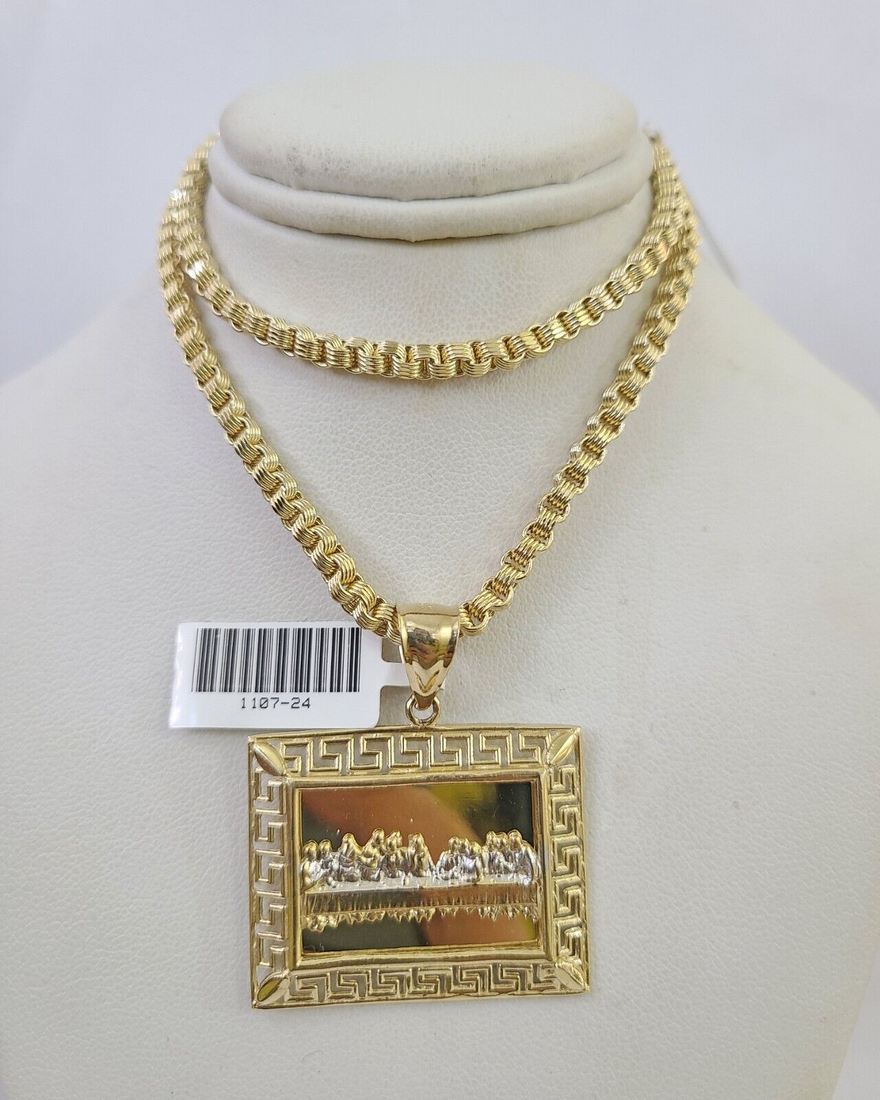 10k Gold Byzantine Necklace Last Supper Charm 20-28 inches 3mm REAL SET Chain