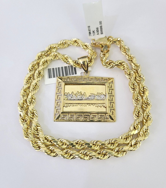 Real 10k Yellow Gold Rope Chain Last Supper Charm Set 6mm 18"-28"Inch Necklace