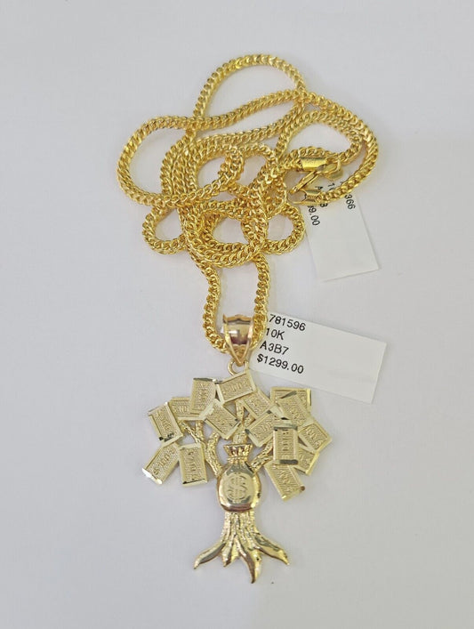 10K Franco Chain Money Tree Pendant Charm Necklace 20"-26" 2.5mm Yellow Gold