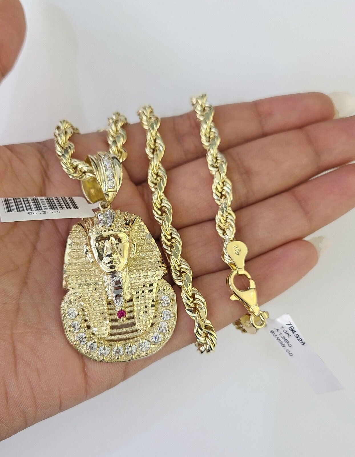 Real 10k Rope Chain Pharaoh Charm Set 7mm 18"-26" Inch Necklace Yellow Gold