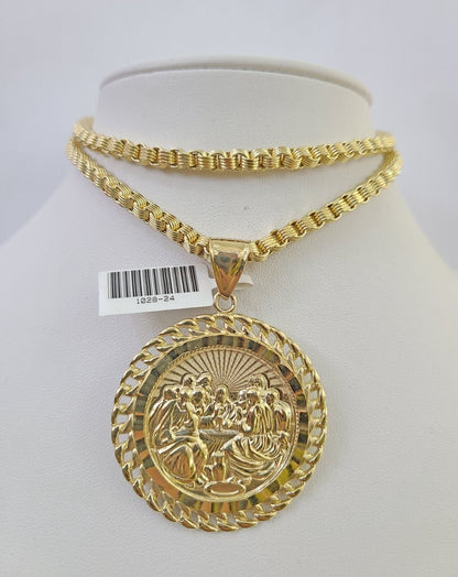 10k Gold Byzantine Box Necklace Last Supper Charm 20"-30" SET Yellow Real 4mm