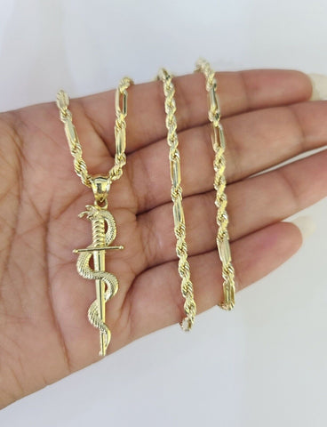 10k Milano Rope Chain Snake Sword Charm Necklace SET 3mm 18"-26" Pendant