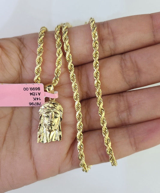 Real 14k Rope Chain Jesus Head Charm Set Yellow Gold 3mm 18-30" Necklace Pendant