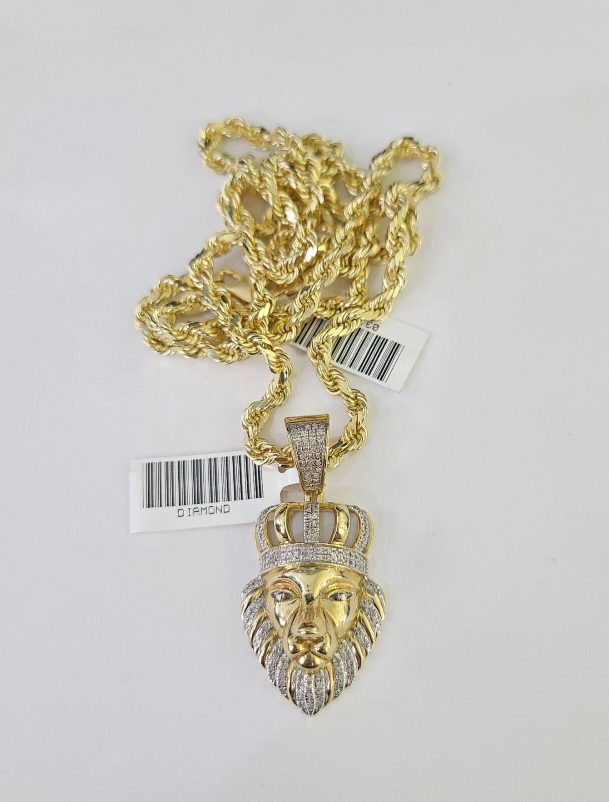 10k Solid Rope Chain Lion Charm Diamond Set 4mm 20"-28" Necklace Gold Yellow