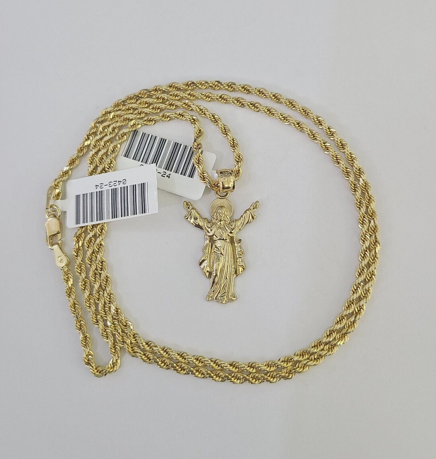 10k 2.5mm Rope Chain Jesus Pendant 18"-30" Yellow Gold Set Charm Necklace