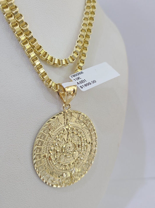 10k Gold Byzantine Necklace Mayan Calendar Charm 18-26 inches 3mm SET Chain