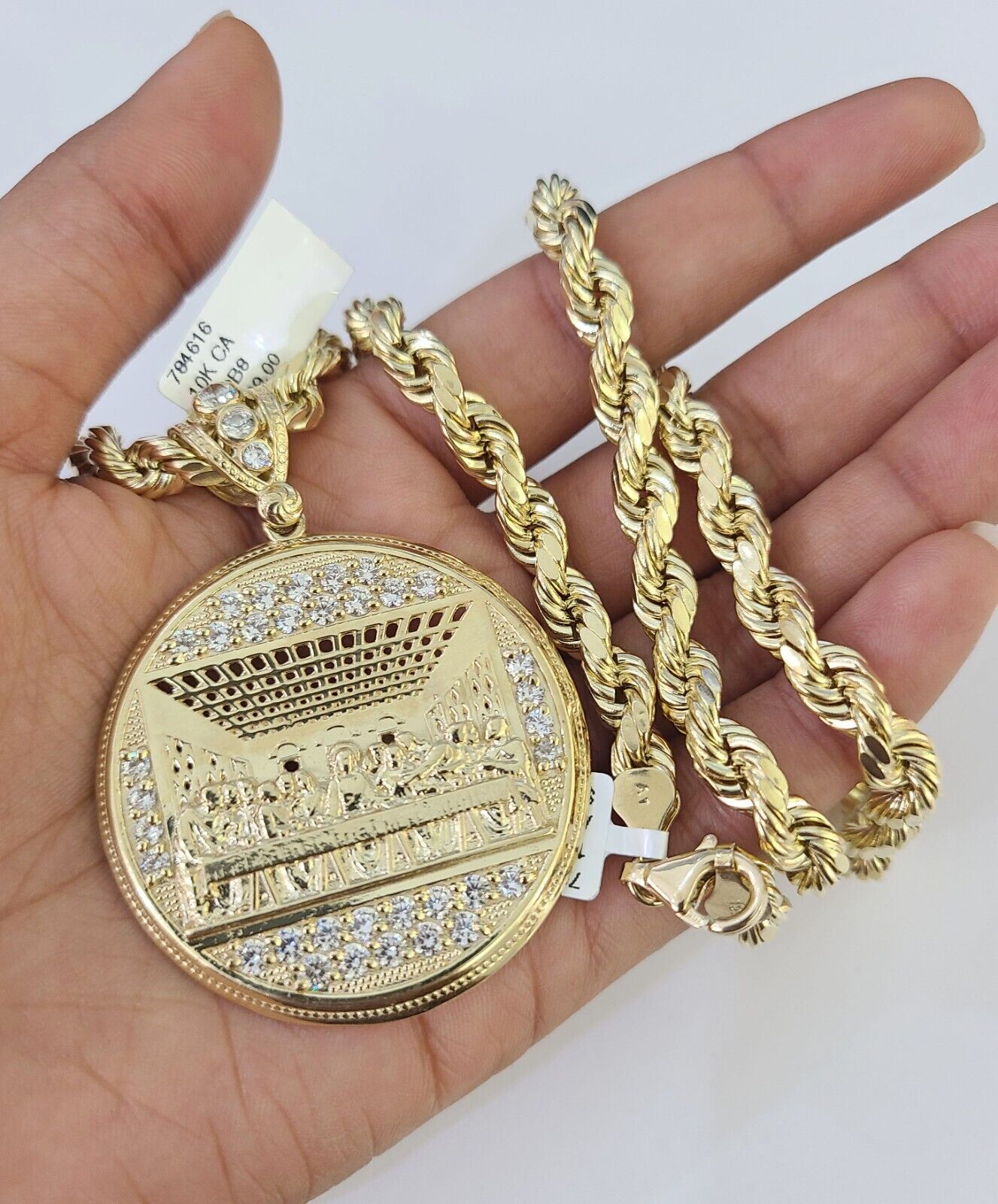 Real 10k Rope Chain Last Supper Charm Set 7mm 20"-28" Inch Necklace Yellow Gold