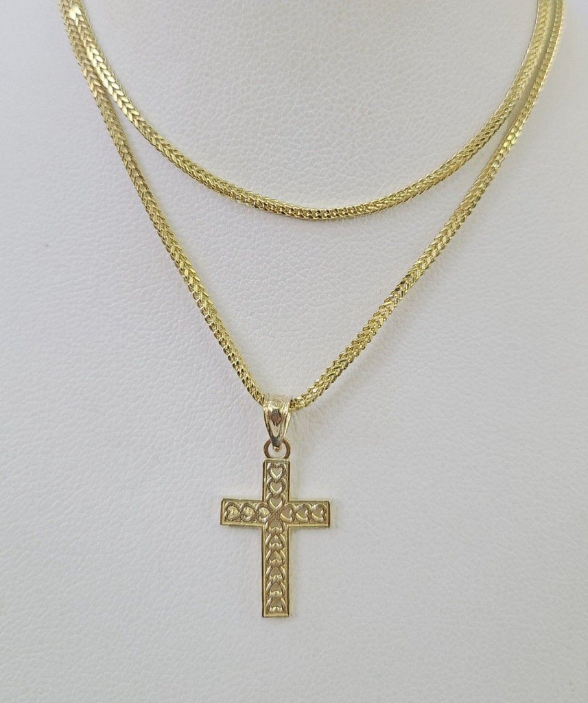 10K Gold Franco Chain Hearts Jesus Cross Charm SET 18-24 inches 1mm Necklace
