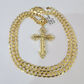 10k Gold Chain Jesus Cross Charm Pendant Cuban Curb Link 5mm 18"-28" Inch SET