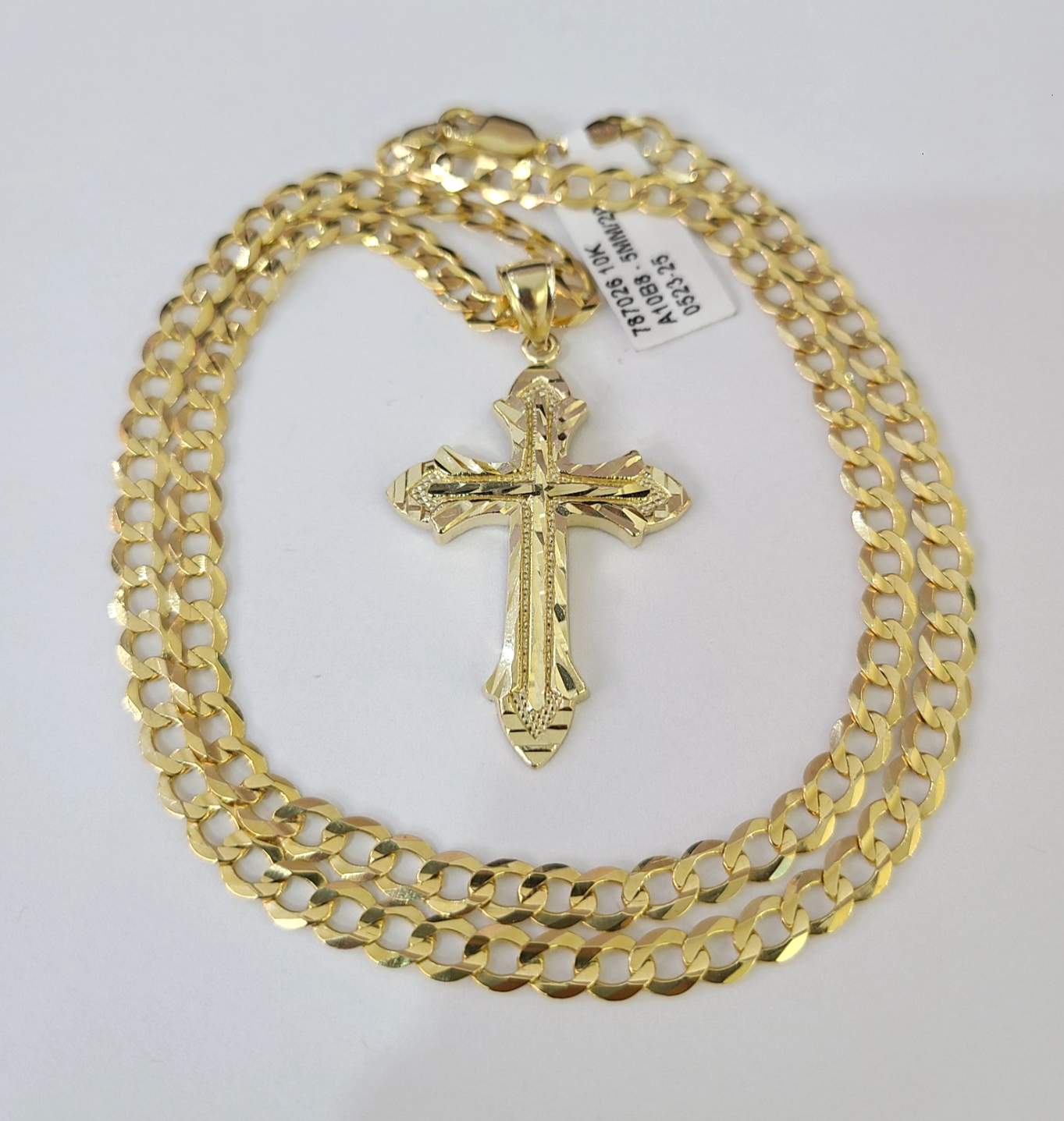10k Gold Chain Jesus Cross Charm Pendant Cuban Curb Link 5mm 18"-28" Inch SET