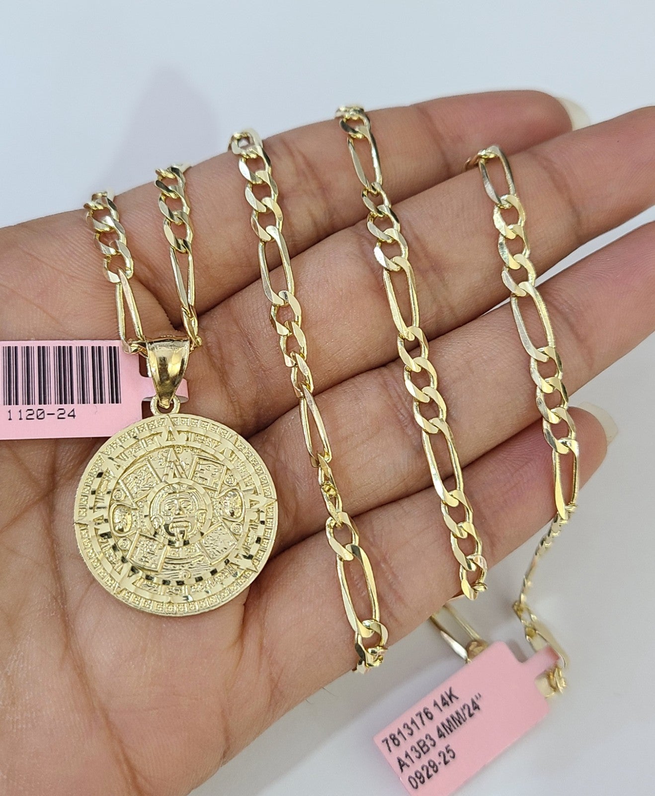 14k Solid Figaro Chain Mayan Calendar Pendant Gold 4mm 18-28 inch SET Necklace