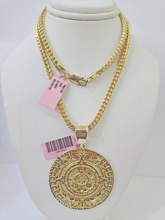 14k Gold Byzantine Box Necklace Mayan Calendar Charm 18"-26" SET Yellow