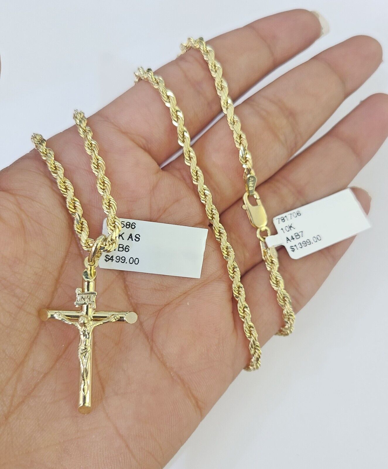 Real 10k 3mm Rope Chain INRI Cross Pendant 18" 20" 22" 24" 26" Gold Set