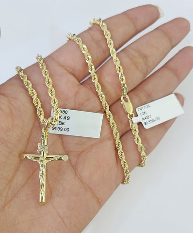 Real 10k 3mm Rope Chain INRI Cross Pendant 18" 20" 22" 24" 26" Gold Set