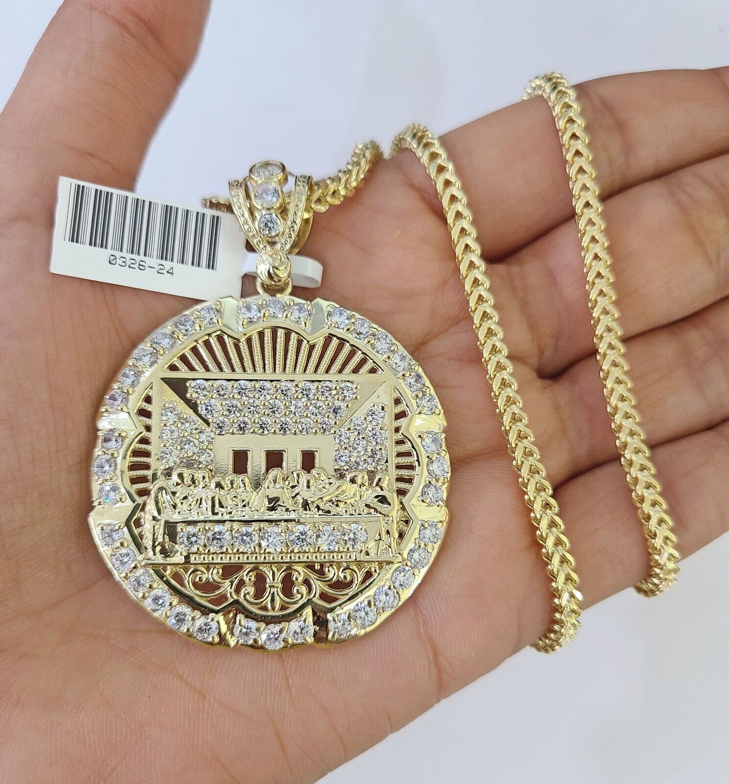 10K Yellow Gold Franco Chain Last Supper Charm ,necklace 3mm 18-26inch REAL 10KT